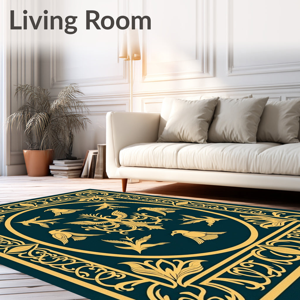 Golden Birds on Teal Ornate Oval Rug