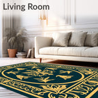 Golden Birds on Teal Ornate Oval Rug