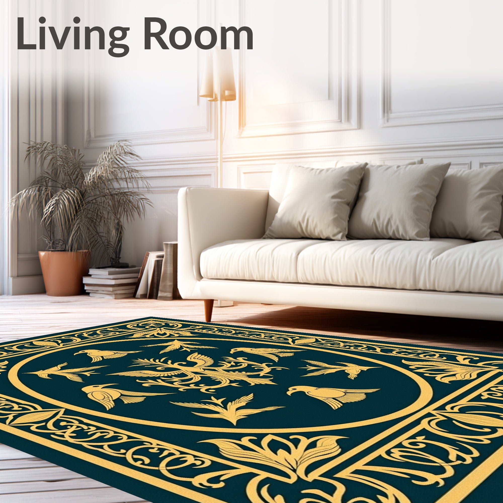 Golden Birds on Teal Ornate Oval Rug