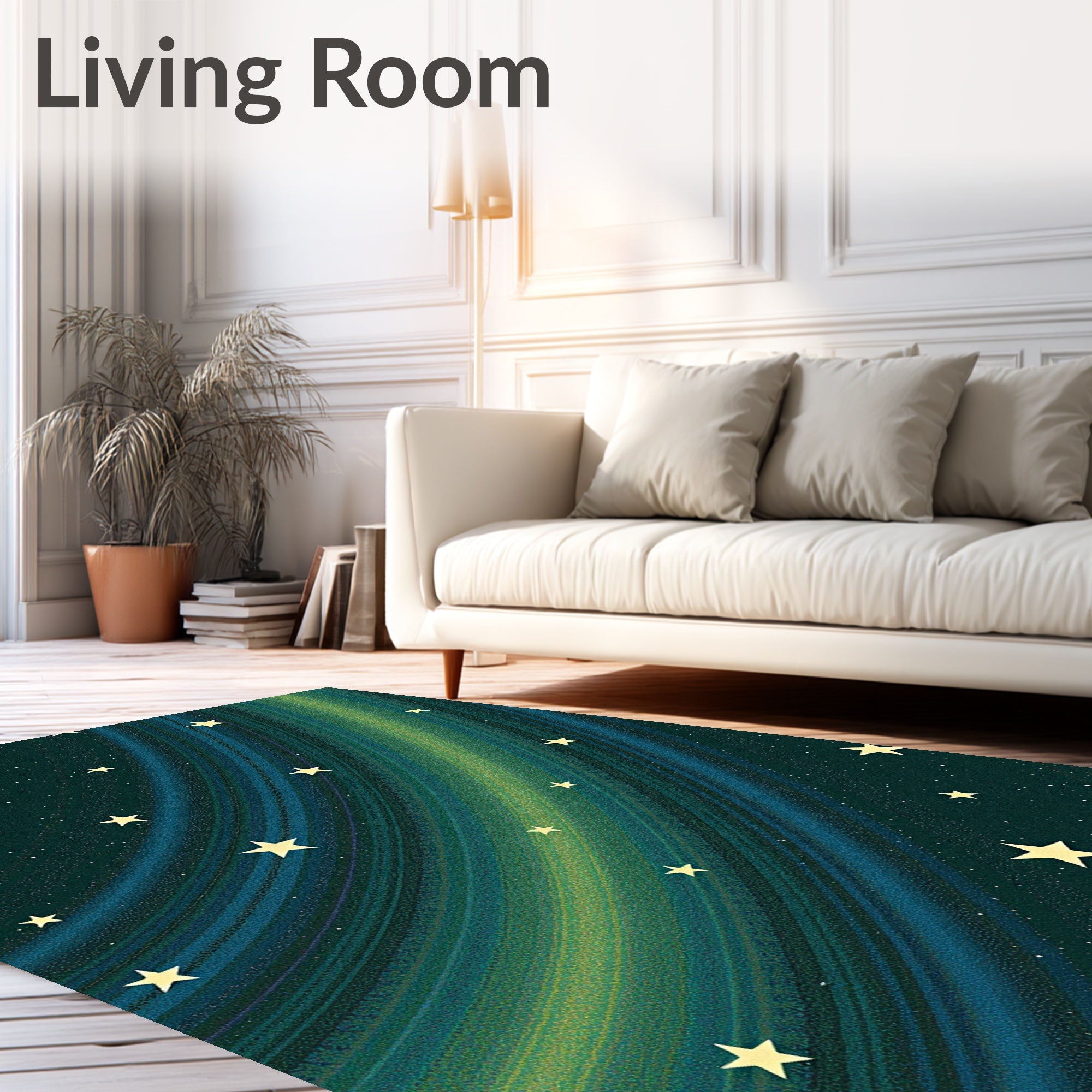 Celestial Green Swirl Moon Stars Rug