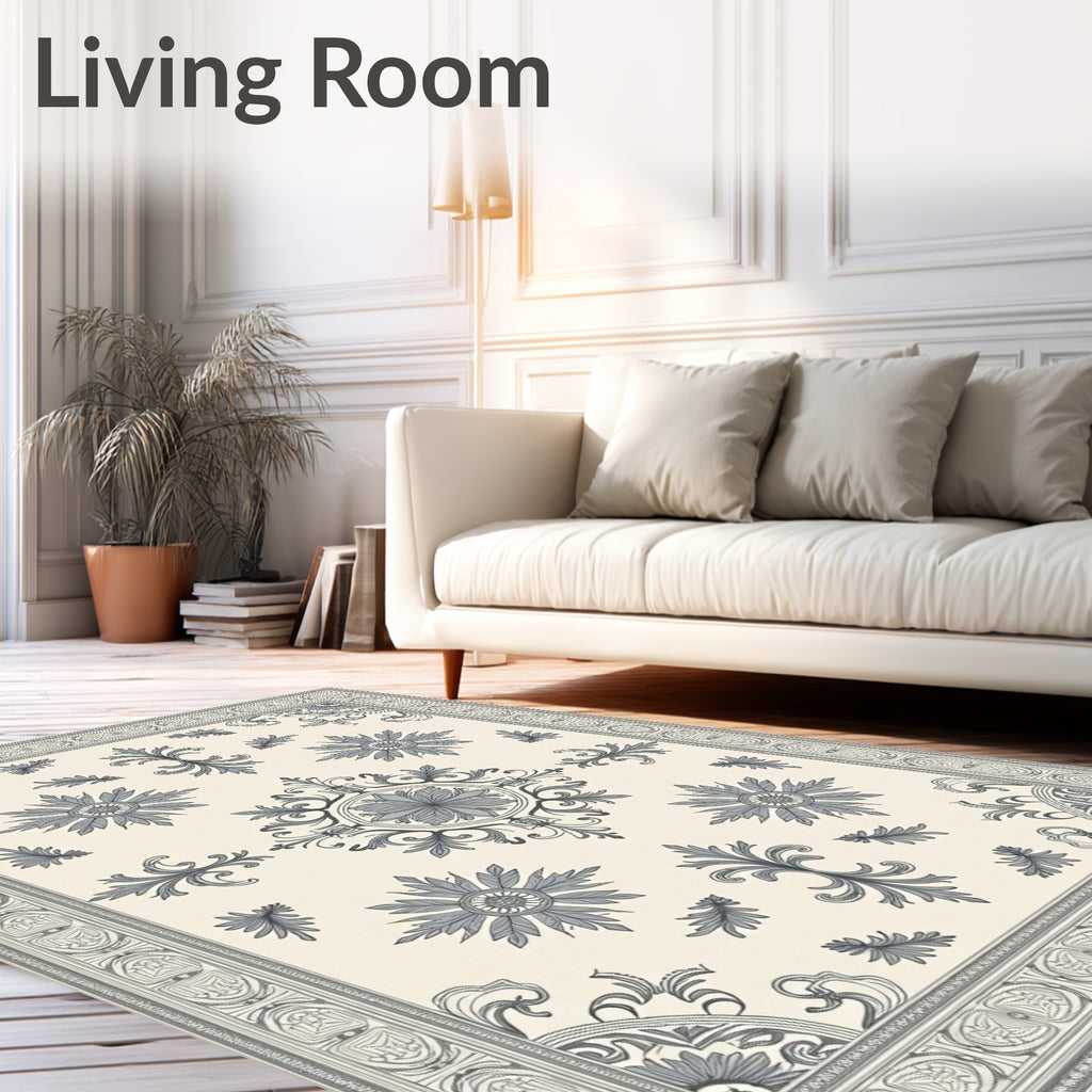 Classic Ivory Gray Floral Medallion Border Rug