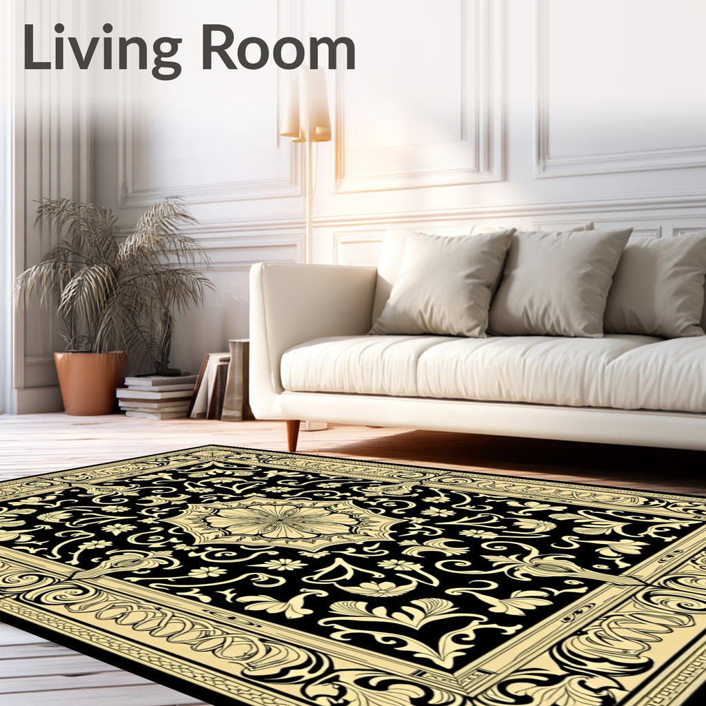 Black Cream Floral Medallion Art Nouveau Rug