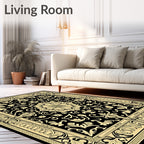 Black Cream Floral Medallion Art Nouveau Rug