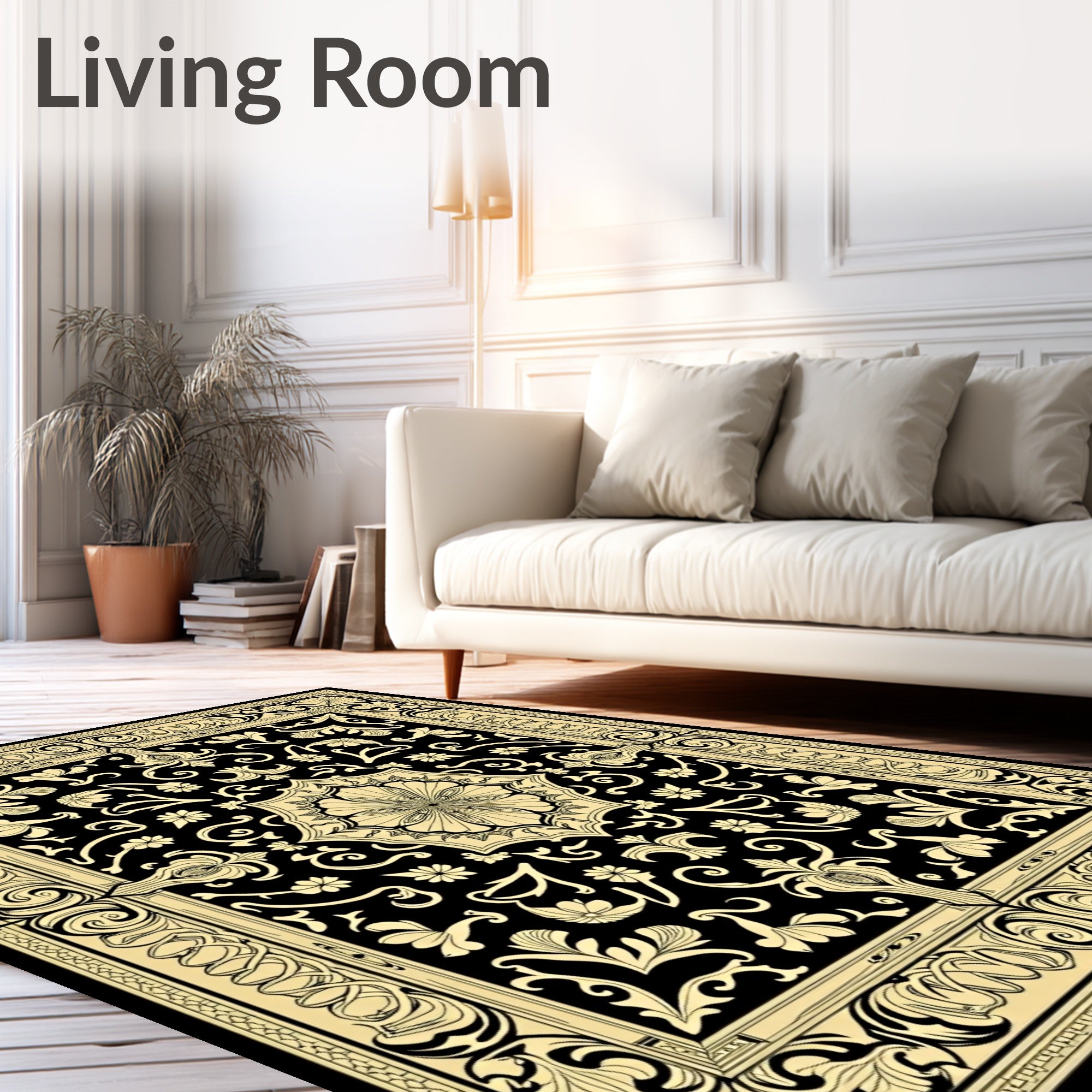 Black Cream Floral Medallion Art Nouveau Rug
