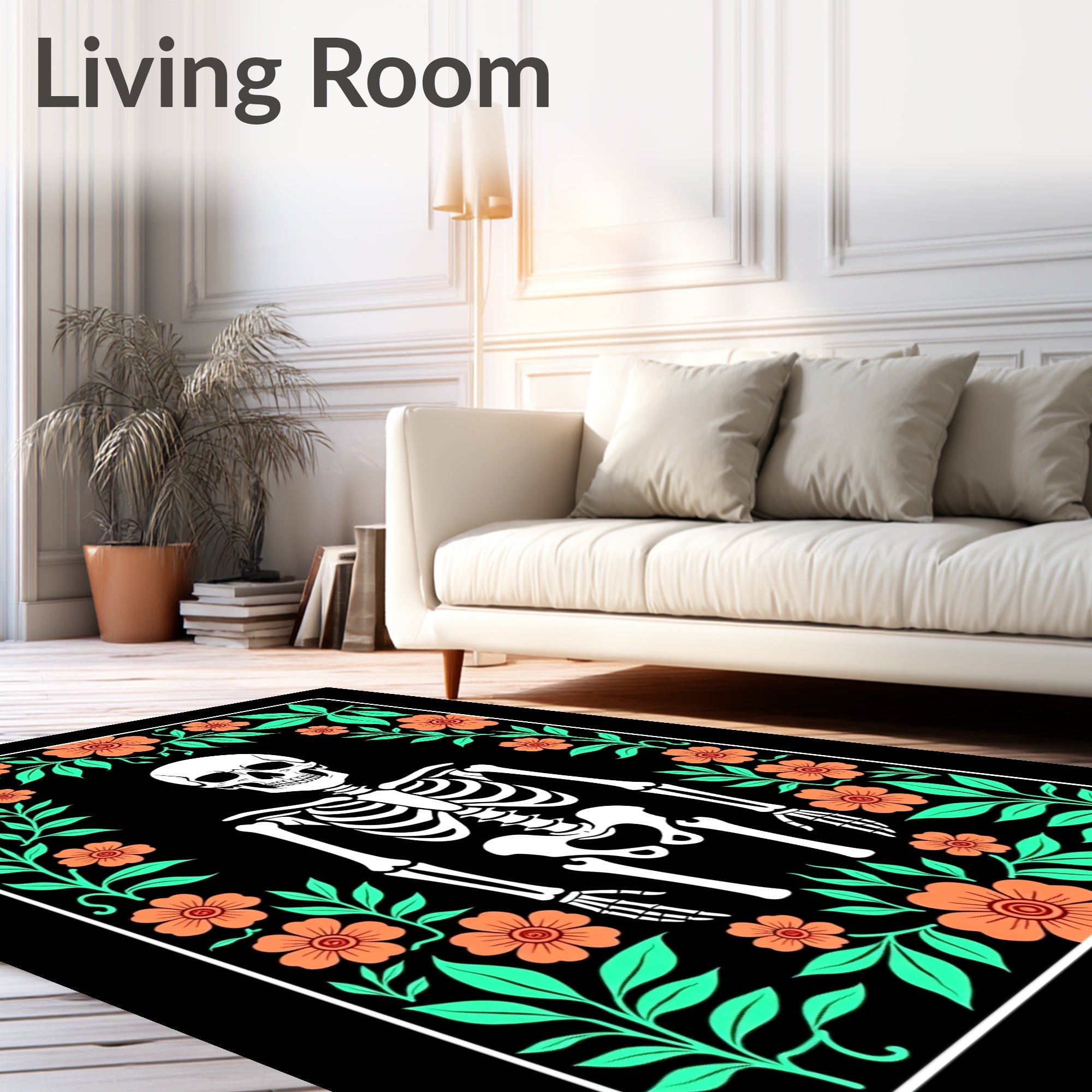Dia De Los Muertos Skeleton Floral Frame Rug