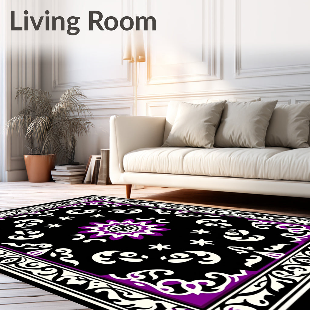 Black Purple White Floral Mandala Rug