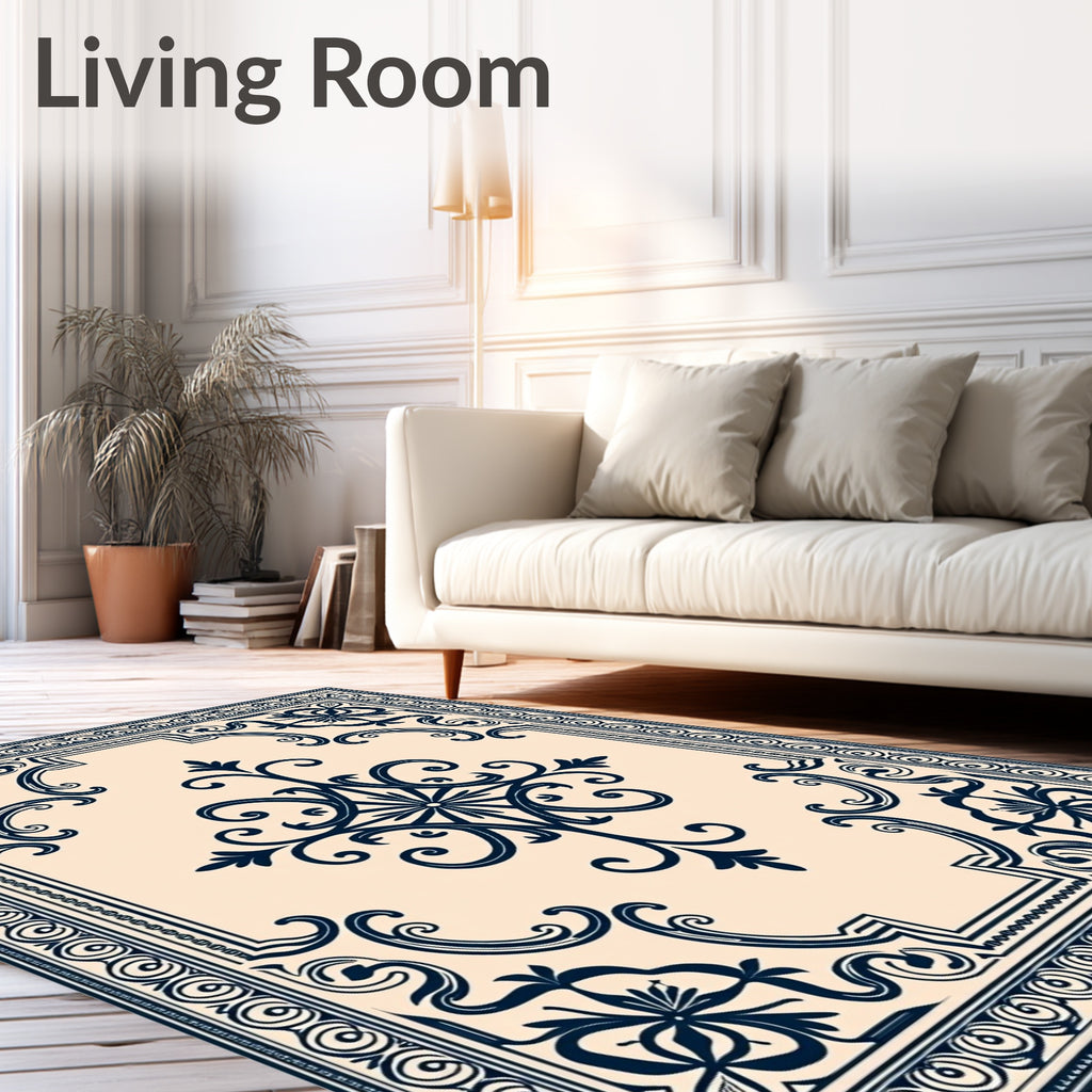 Deep Blue Vintage Floral Scroll Rug