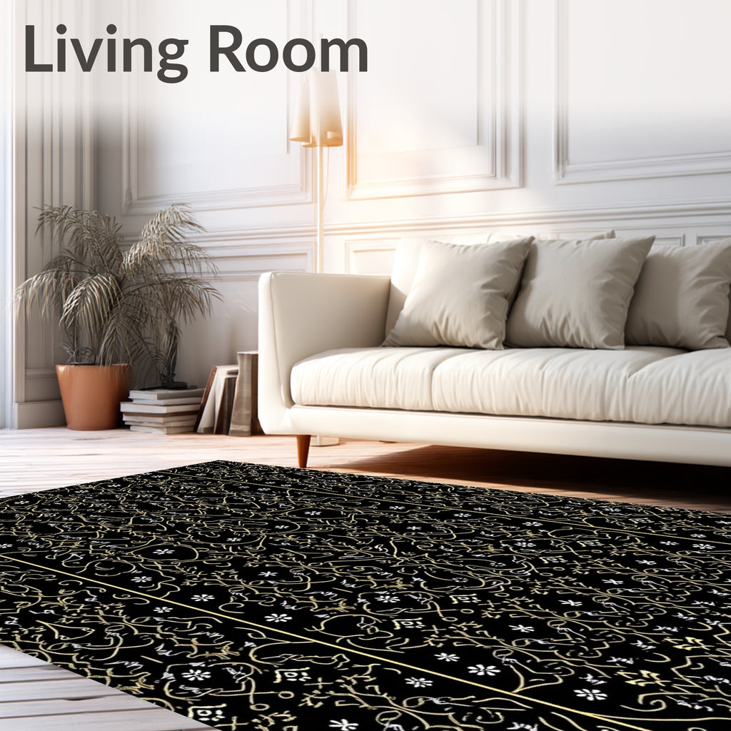 Elegant Black Gold Floral Vines Rug