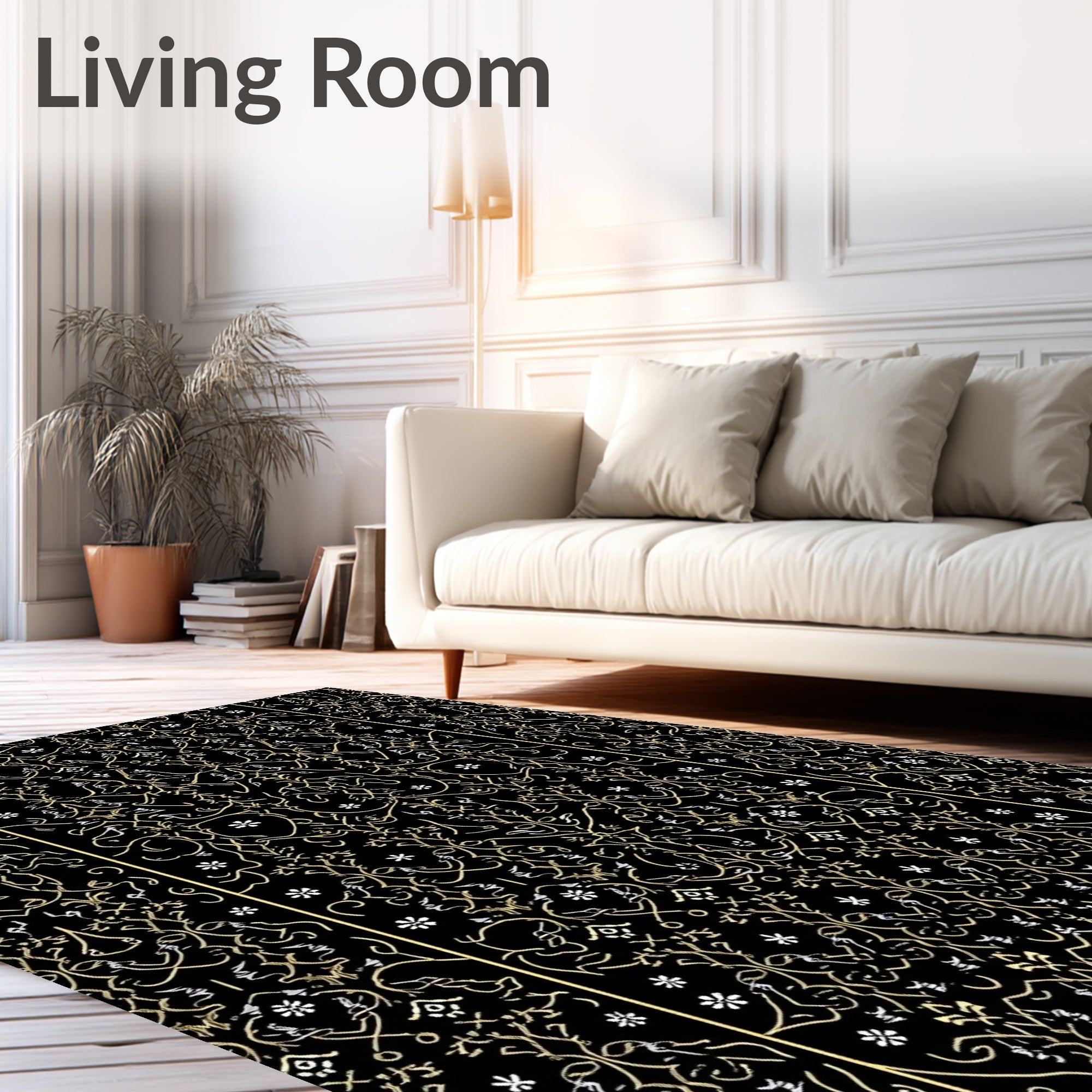 Elegant Black Gold Floral Vines Rug