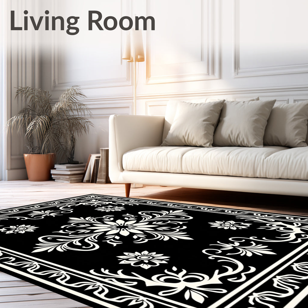 Black and White Floral Medallion Border Rug