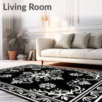 Black and White Floral Medallion Border Rug