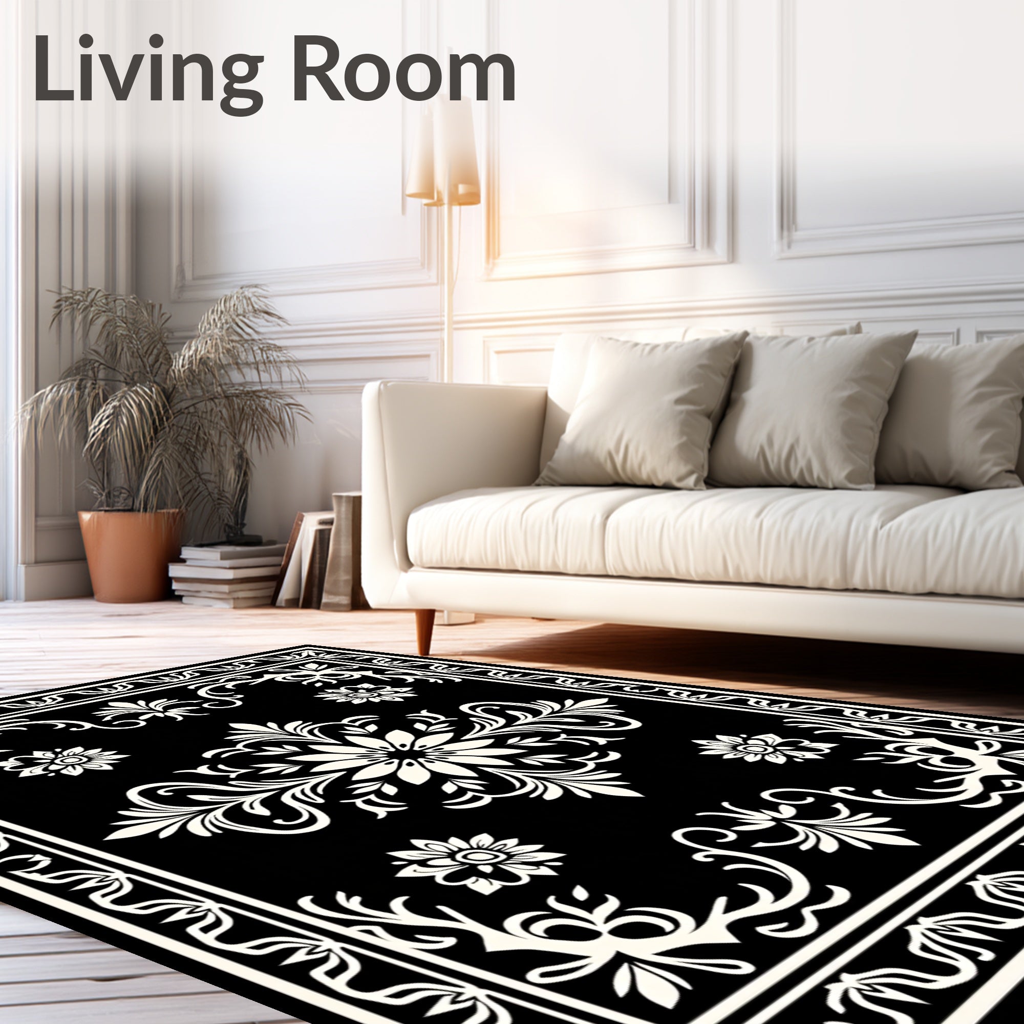 Black and White Floral Medallion Border Rug