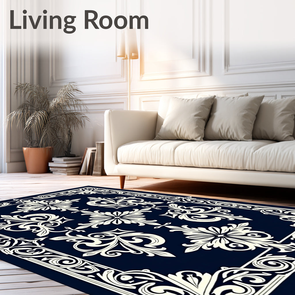 Classic Cream Floral Border Navy Rug