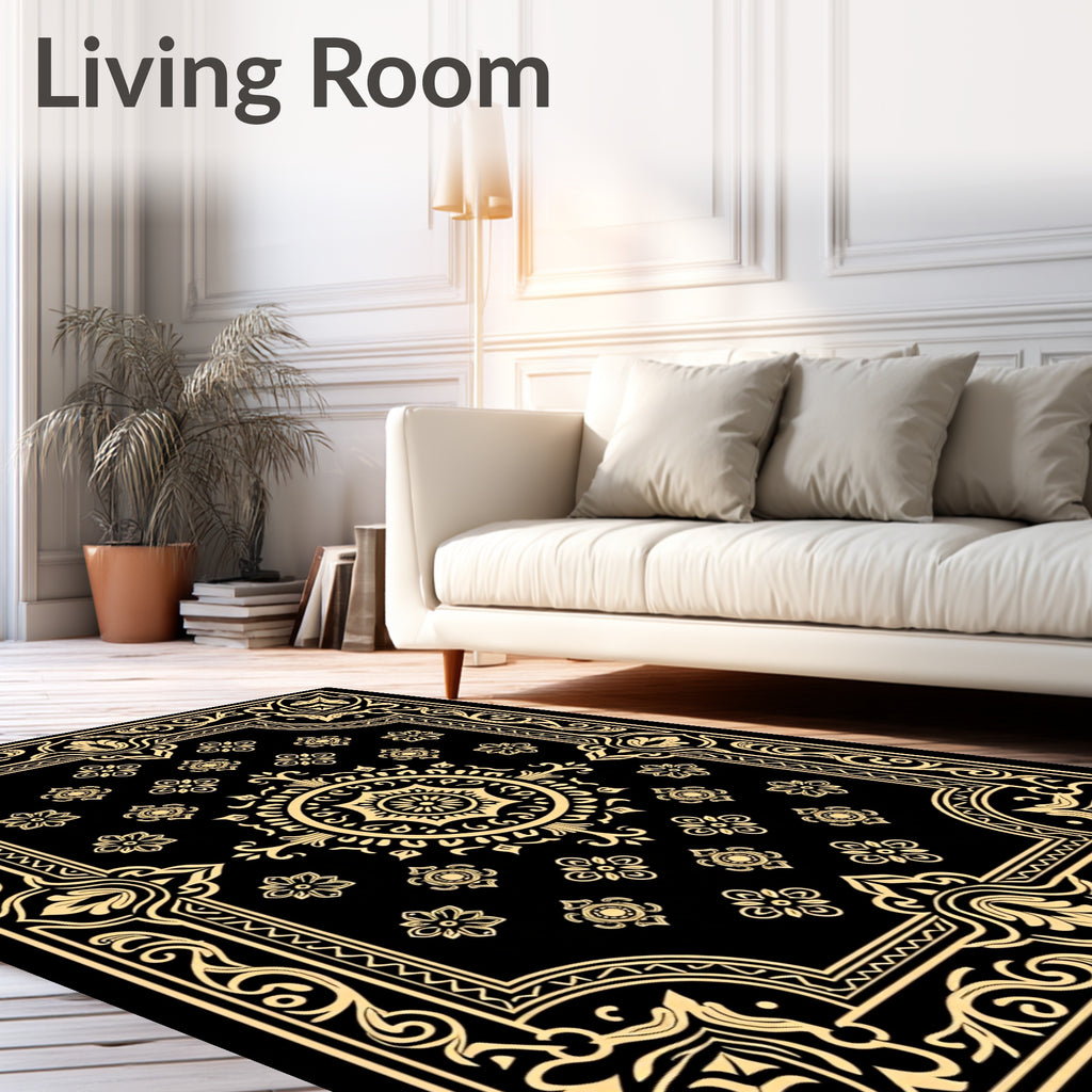 Black Golden Mandala Floral Border Rug