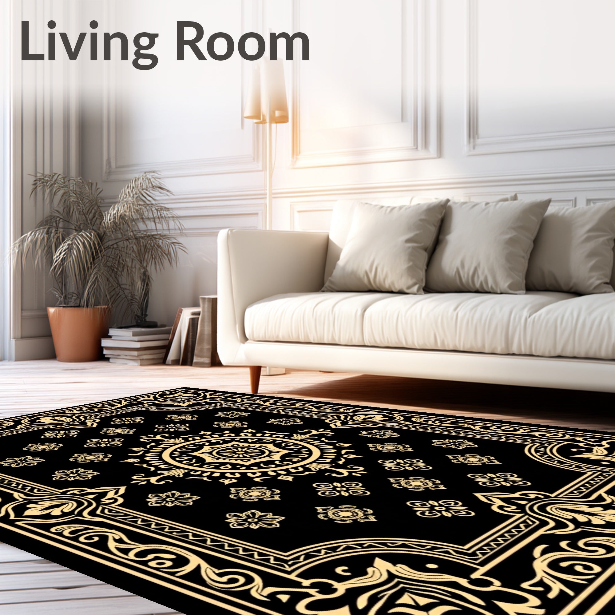 Black Golden Mandala Floral Border Rug