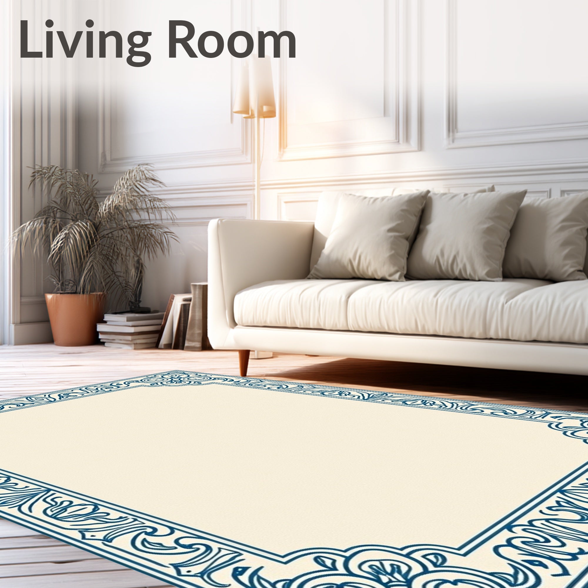 Navy Blue Scrollwork Floral Border Rug