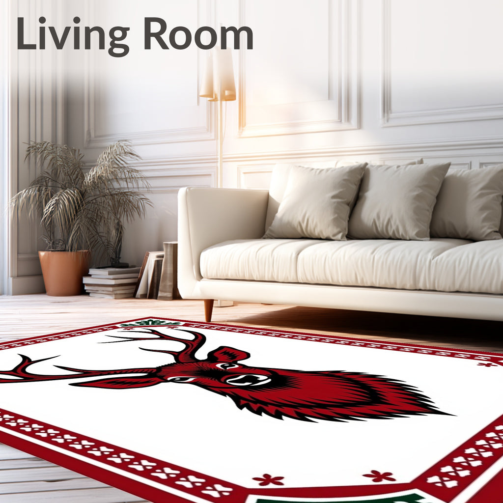 Crimson Deer Head Festive Border Rug