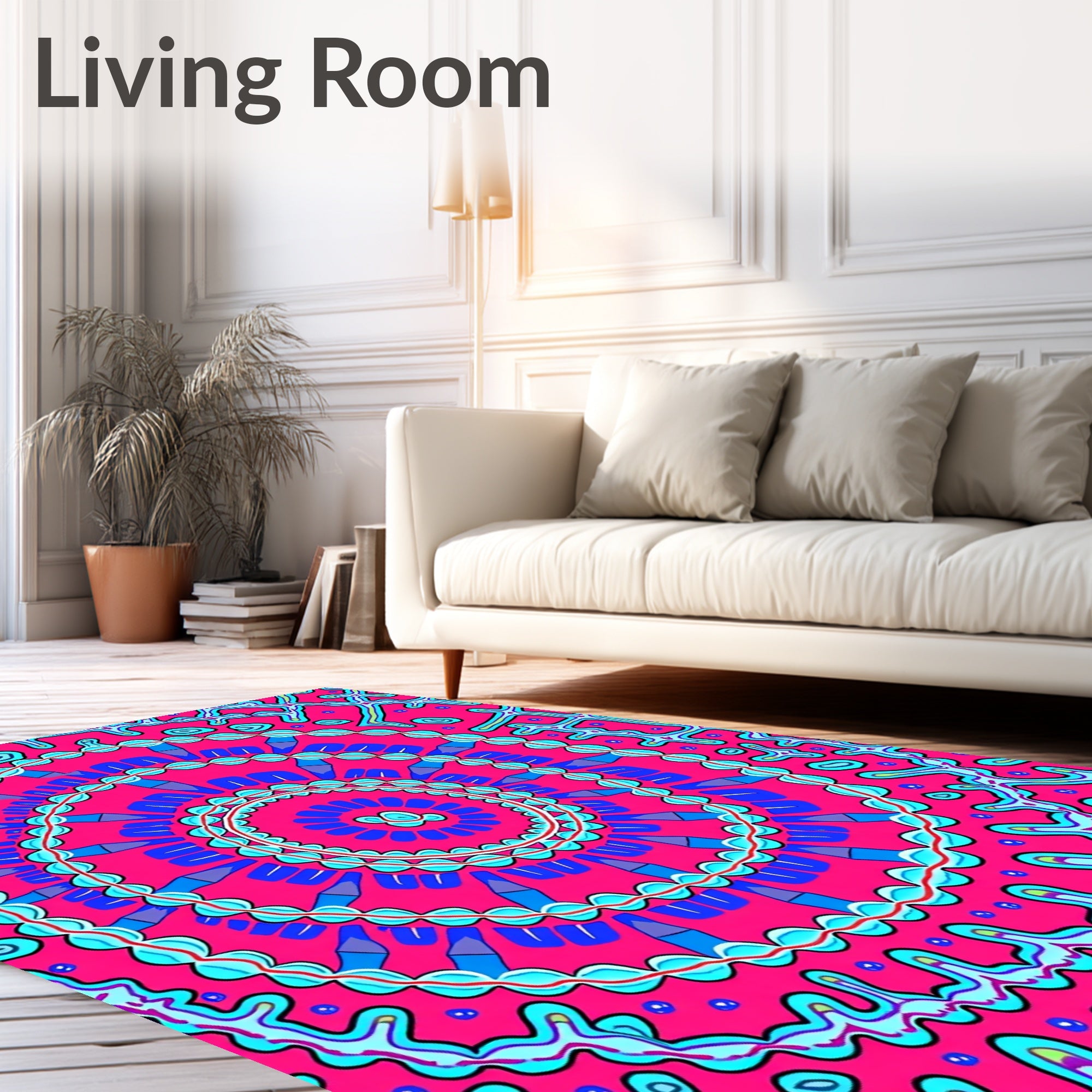 Vibrant Pink Blue Medallion Circular Art Rug