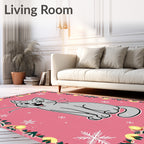 Happy Gray Cat Snowflake Pink Background Rug