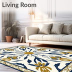 Golden Navy Floral Medallion Border Rug