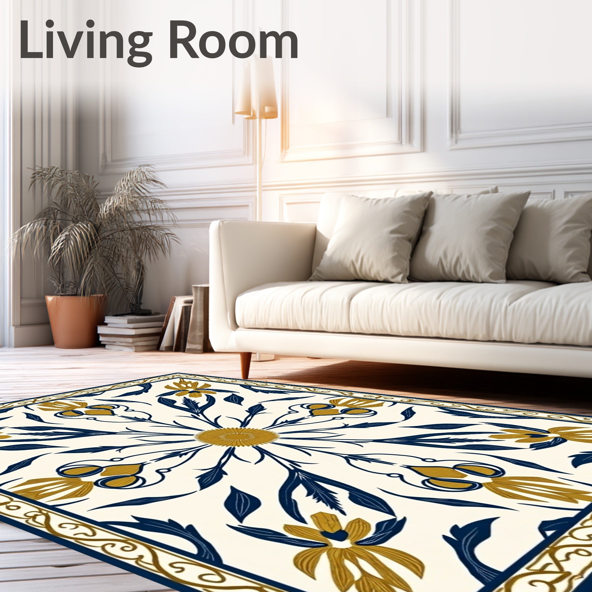 Golden Navy Floral Medallion Border Rug