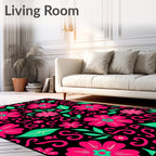 Bold Pink Floral Swirls on Black Rug