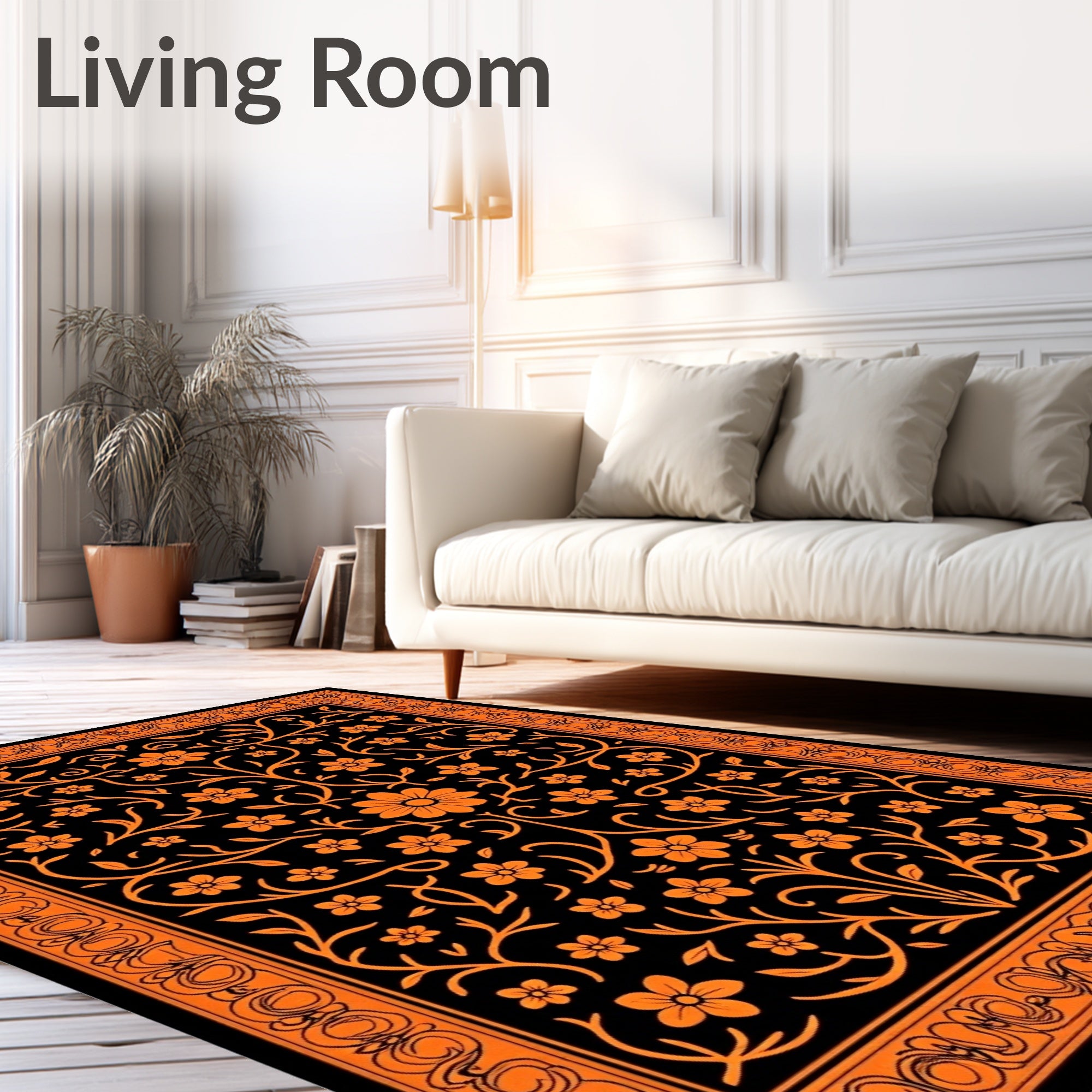 Vibrant Orange Floral Vine Border Rug