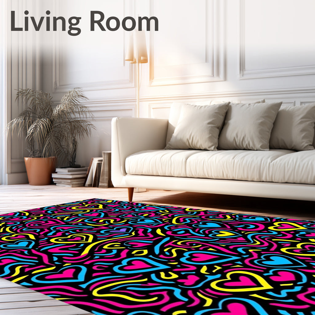 Vibrant Pink Blue Yellow Hearts Swirl Rug