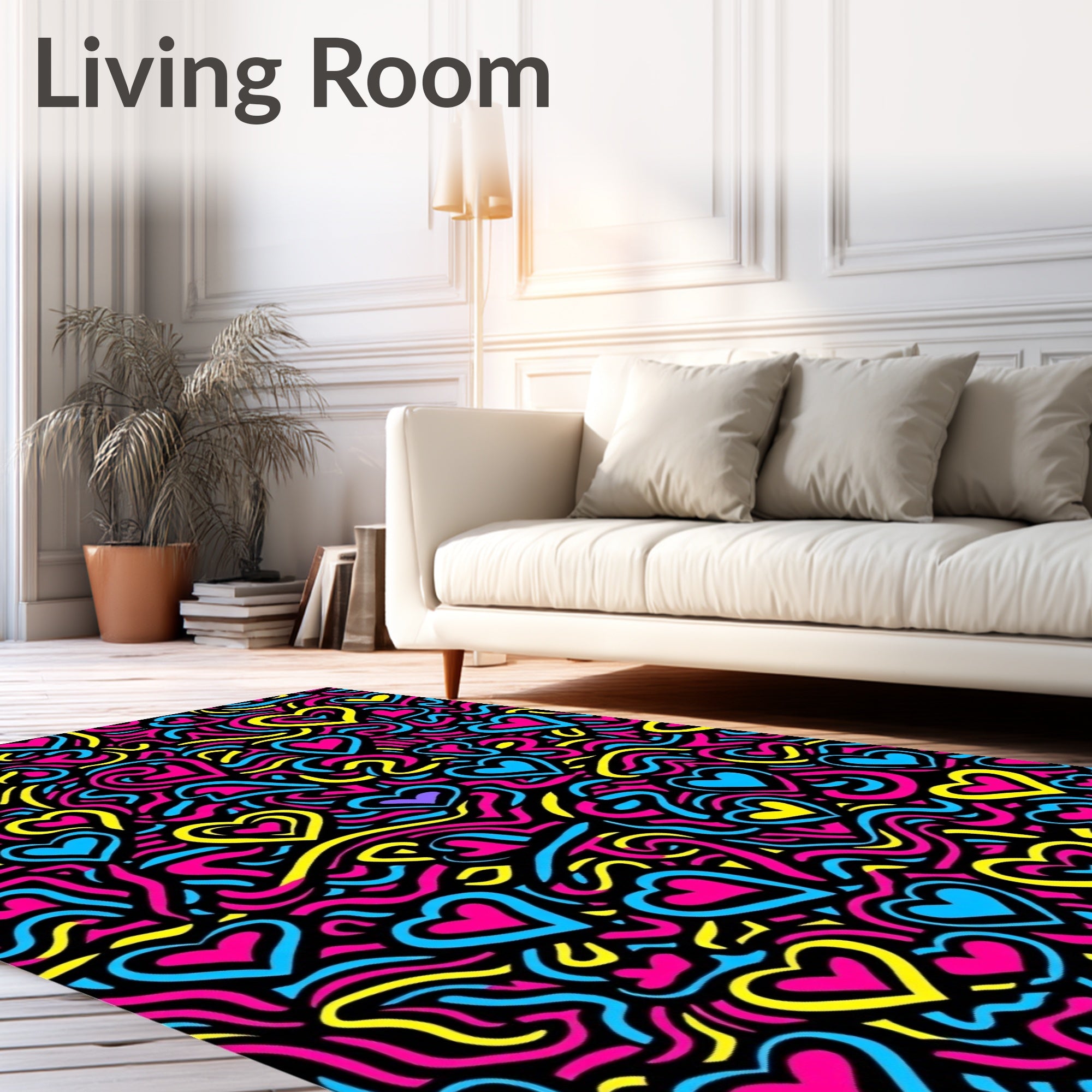 Vibrant Pink Blue Yellow Hearts Swirl Rug