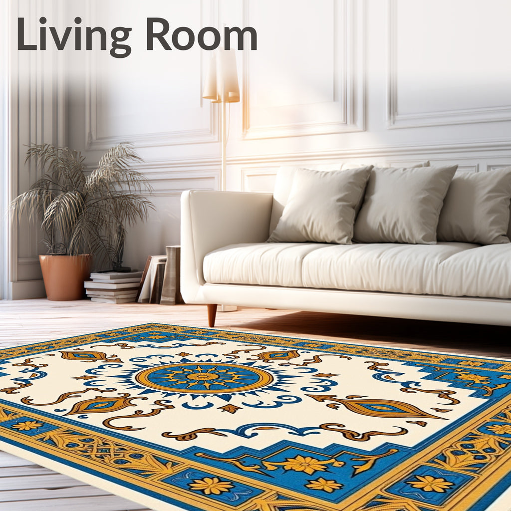 Blue Gold Sun Medallion Floral Rug
