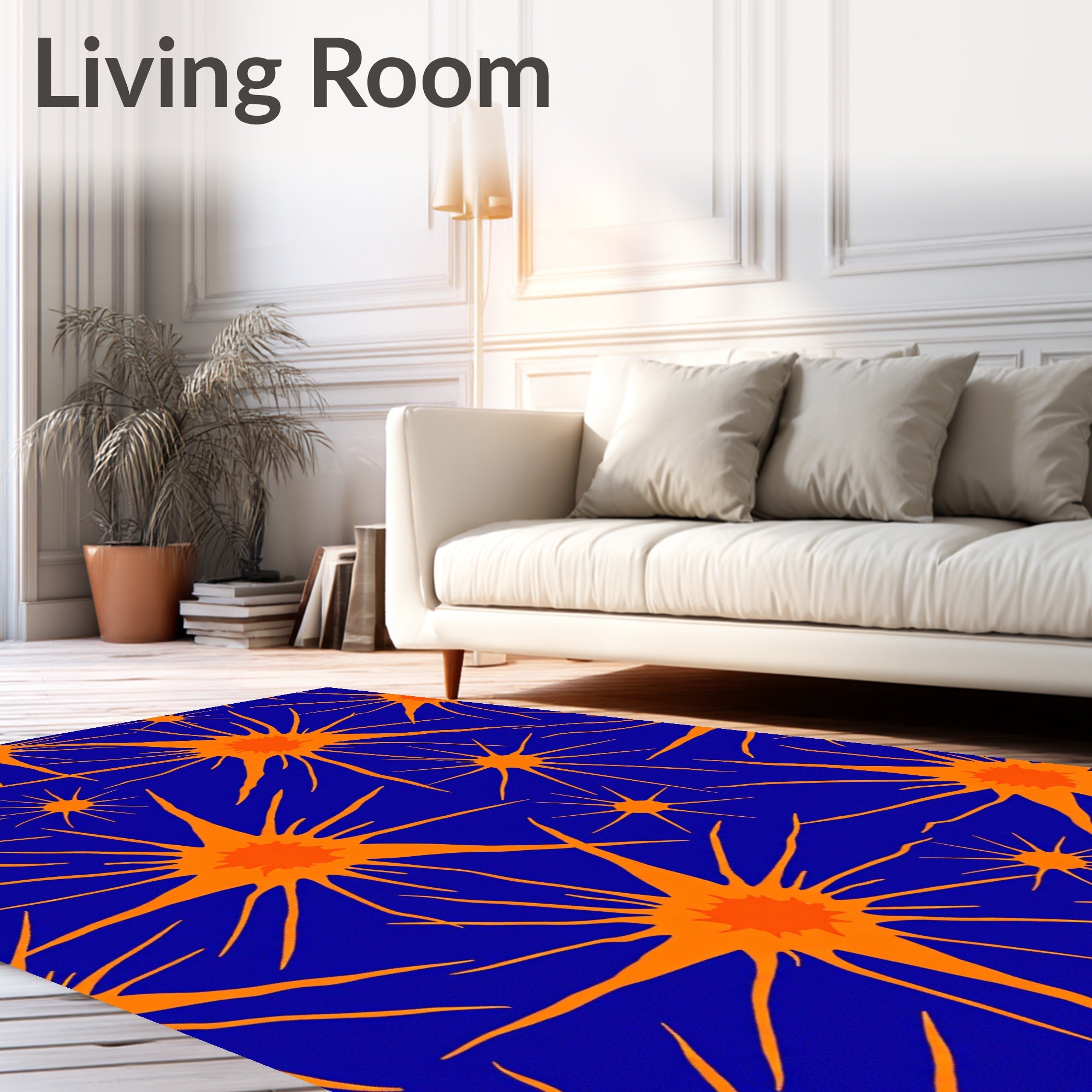 Orange Exploding Stars Blue Background Rug