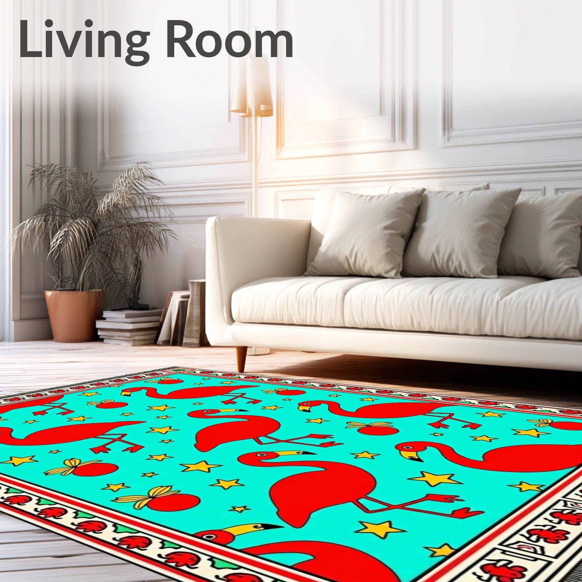 Vibrant Red Flamingo Stars Teal Rug