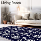 Deep Navy White Floral Medallion Repeat Rug