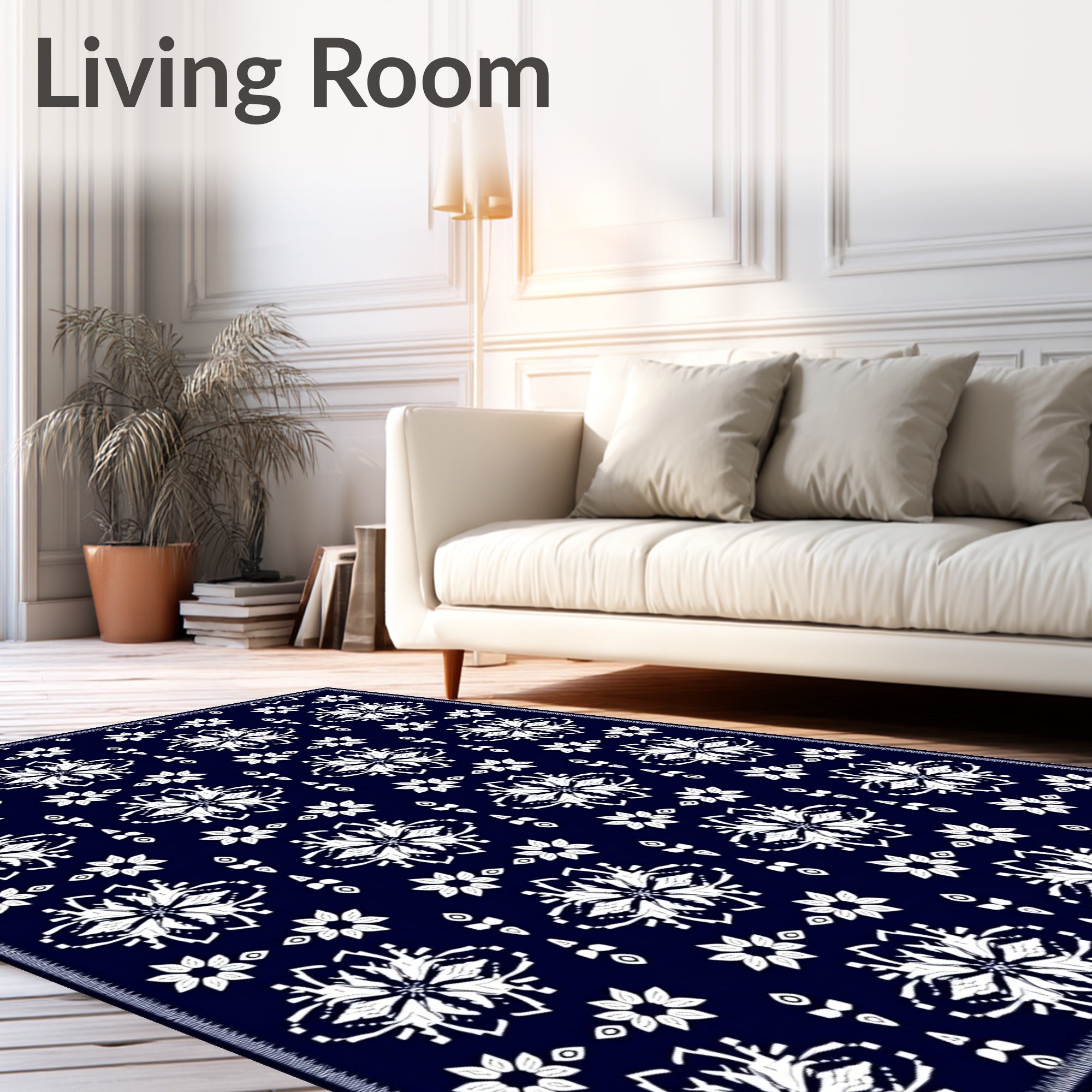 Deep Navy White Floral Medallion Repeat Rug
