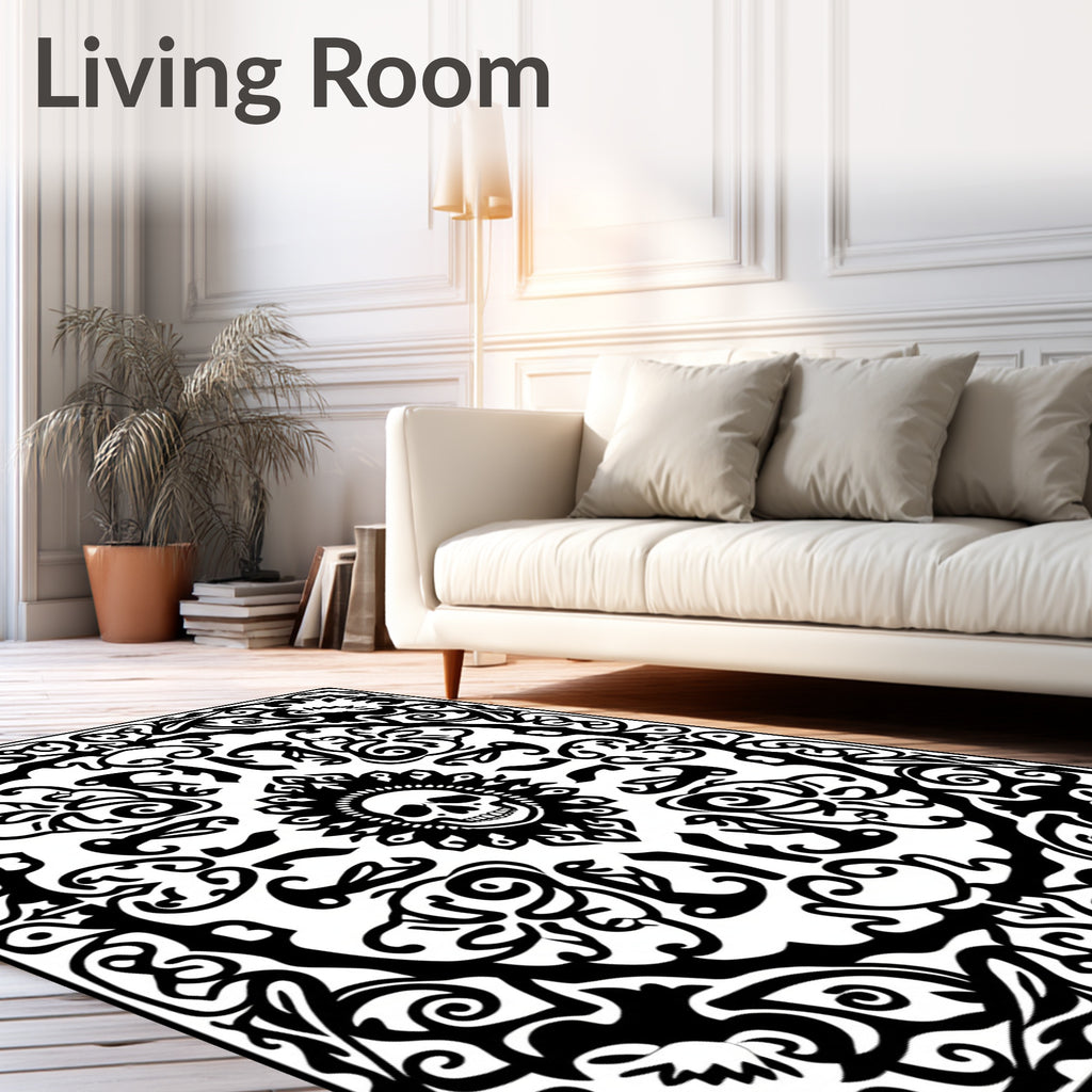 Monochromatic Skull Ornate Scrollwork Rug