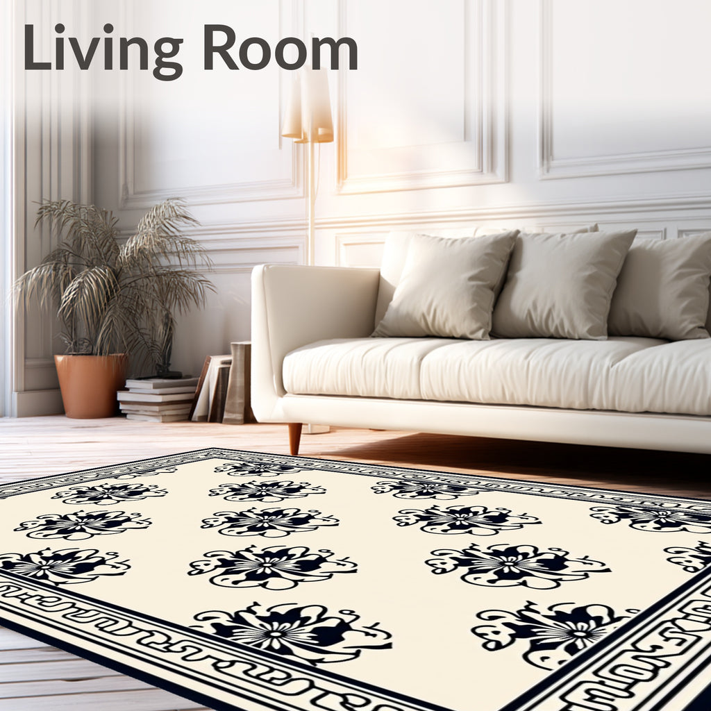 Black and Cream Floral Medallion Border Rug