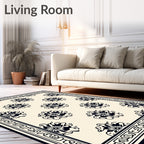 Black and Cream Floral Medallion Border Rug