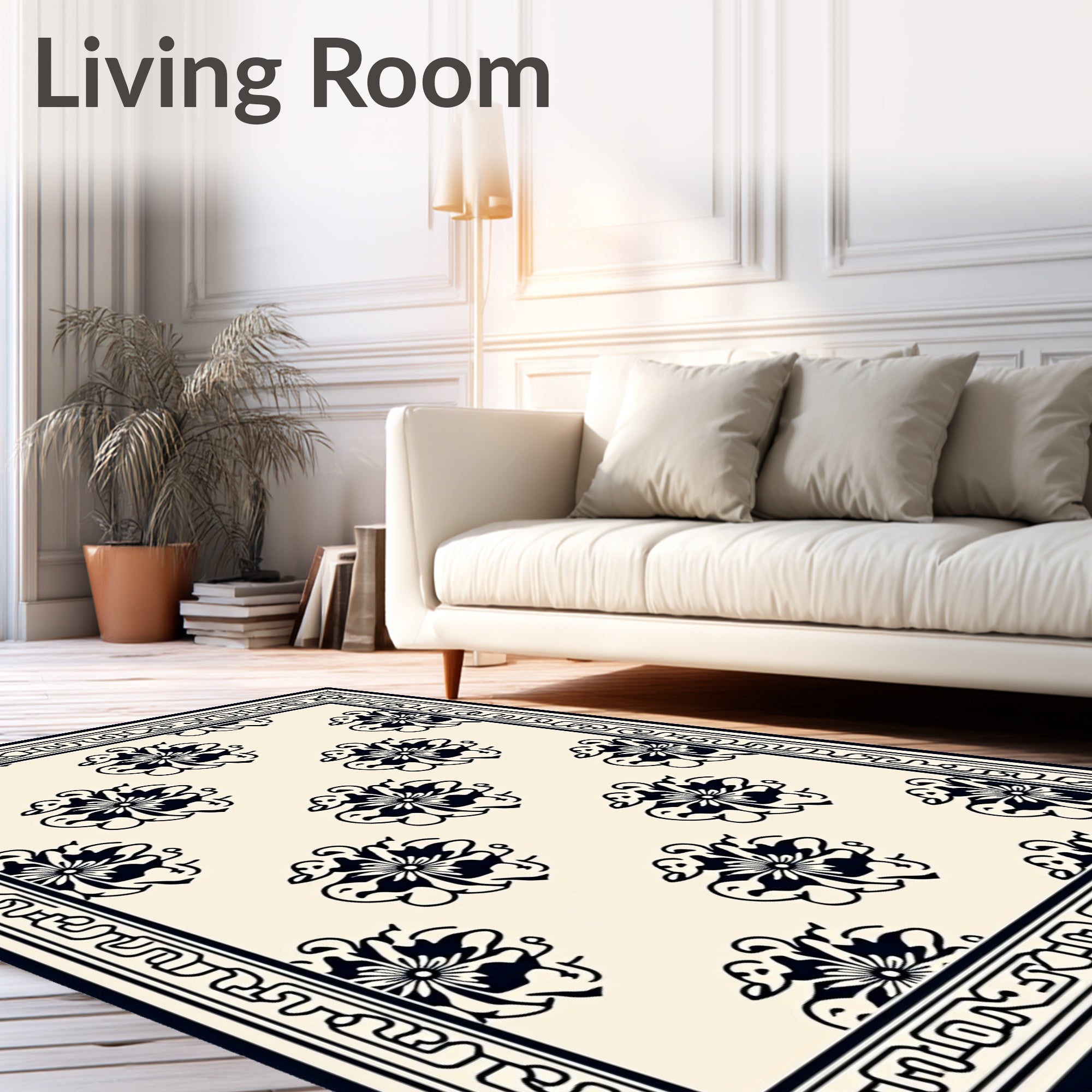 Black and Cream Floral Medallion Border Rug
