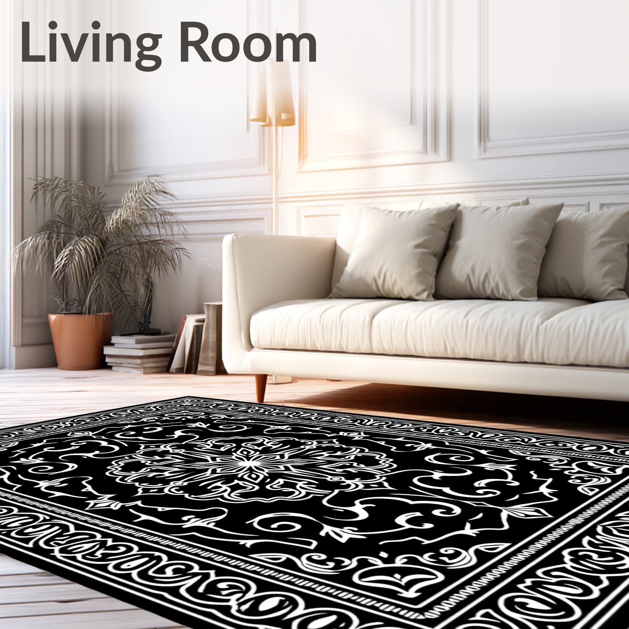 Black White Arabesque Scrollwork Rug