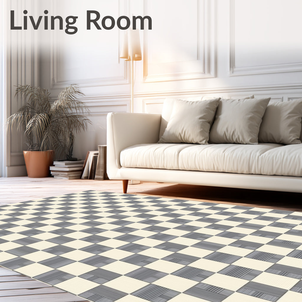 Checkerboard Ivory Gray Line Work Rug