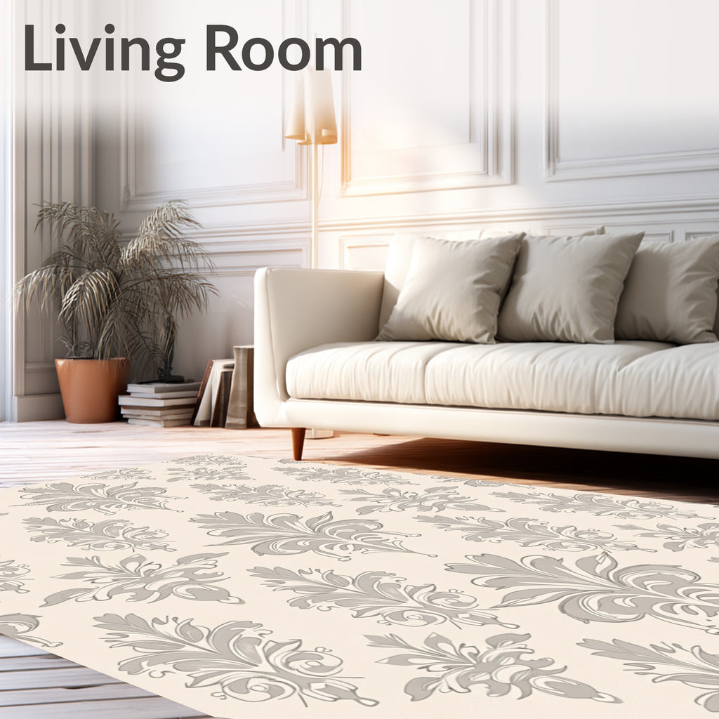 Cream and Grey Floral Acanthus Damask Rug