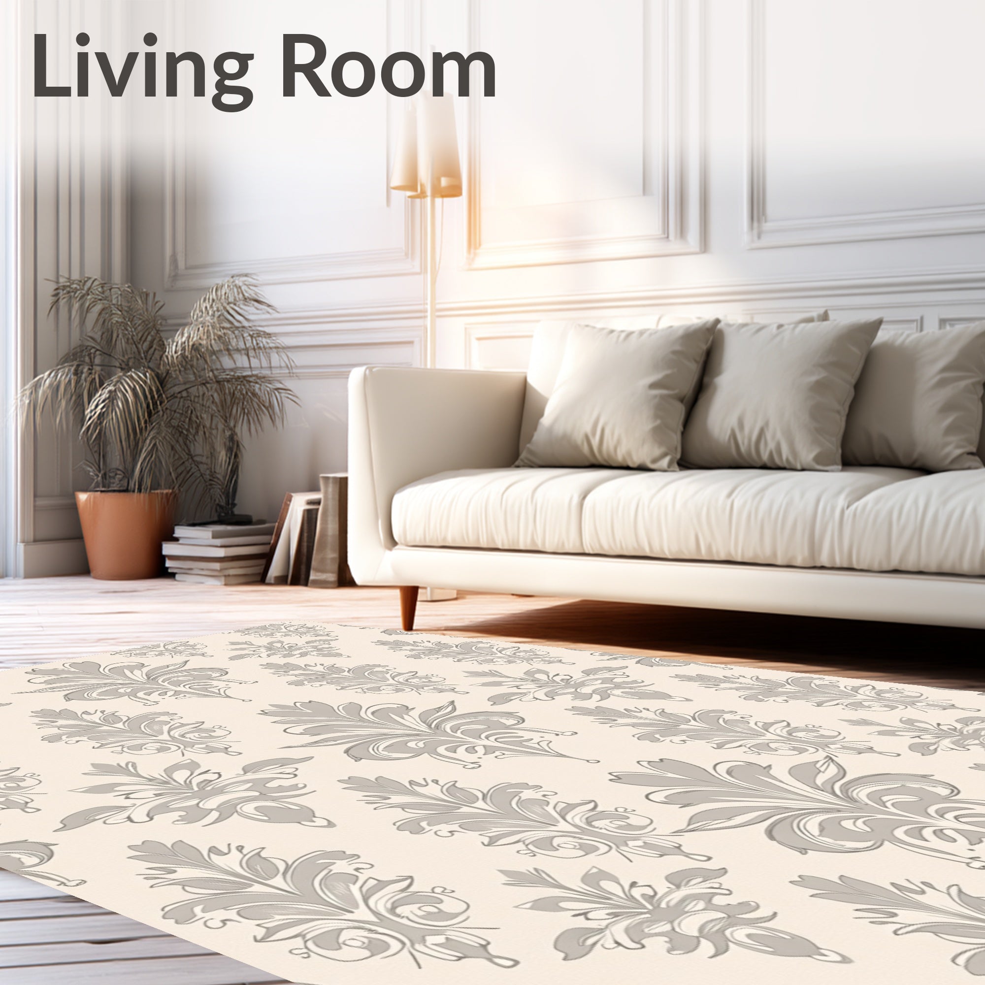 Cream and Grey Floral Acanthus Damask Rug