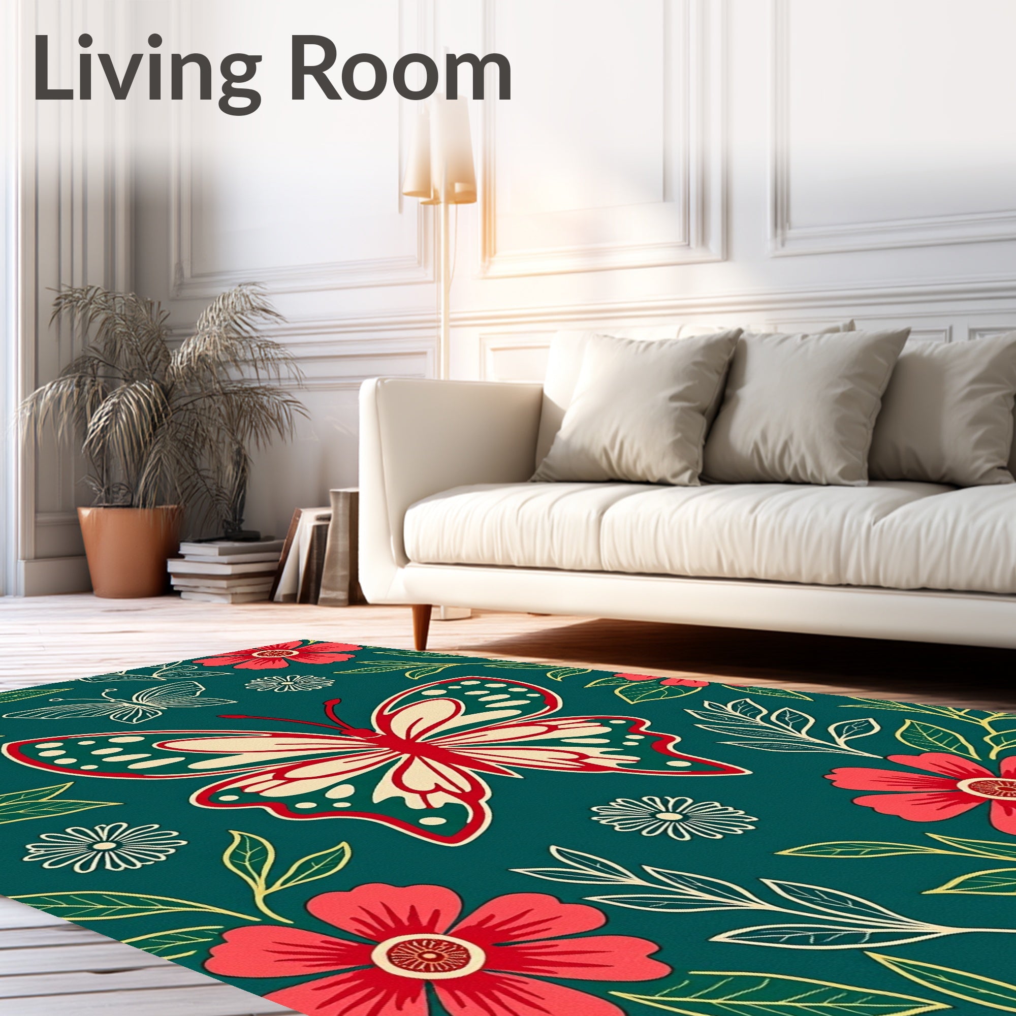 Coral Red Flowering Butterfly Garden Rug