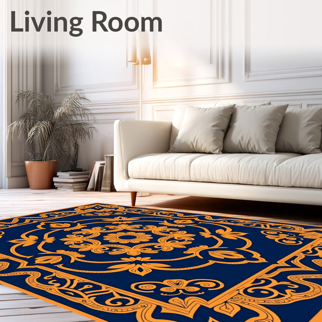 Navy Orange Floral Scroll Medallion Rug