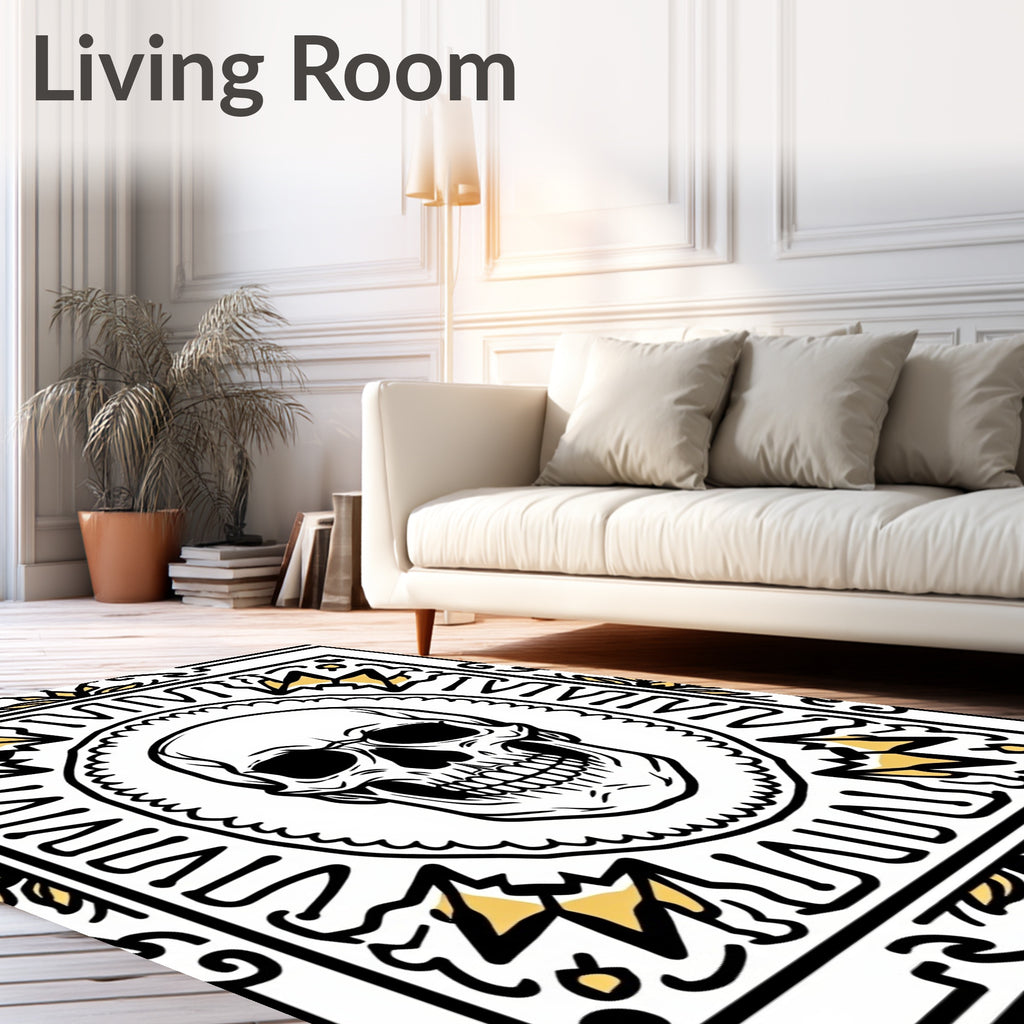 Bold Black Gold Skull Medallion Rug