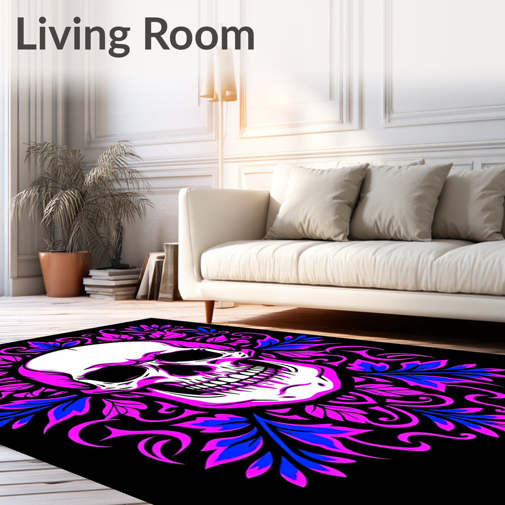 Gothic Skull Pink Blue Floral Frame Rug