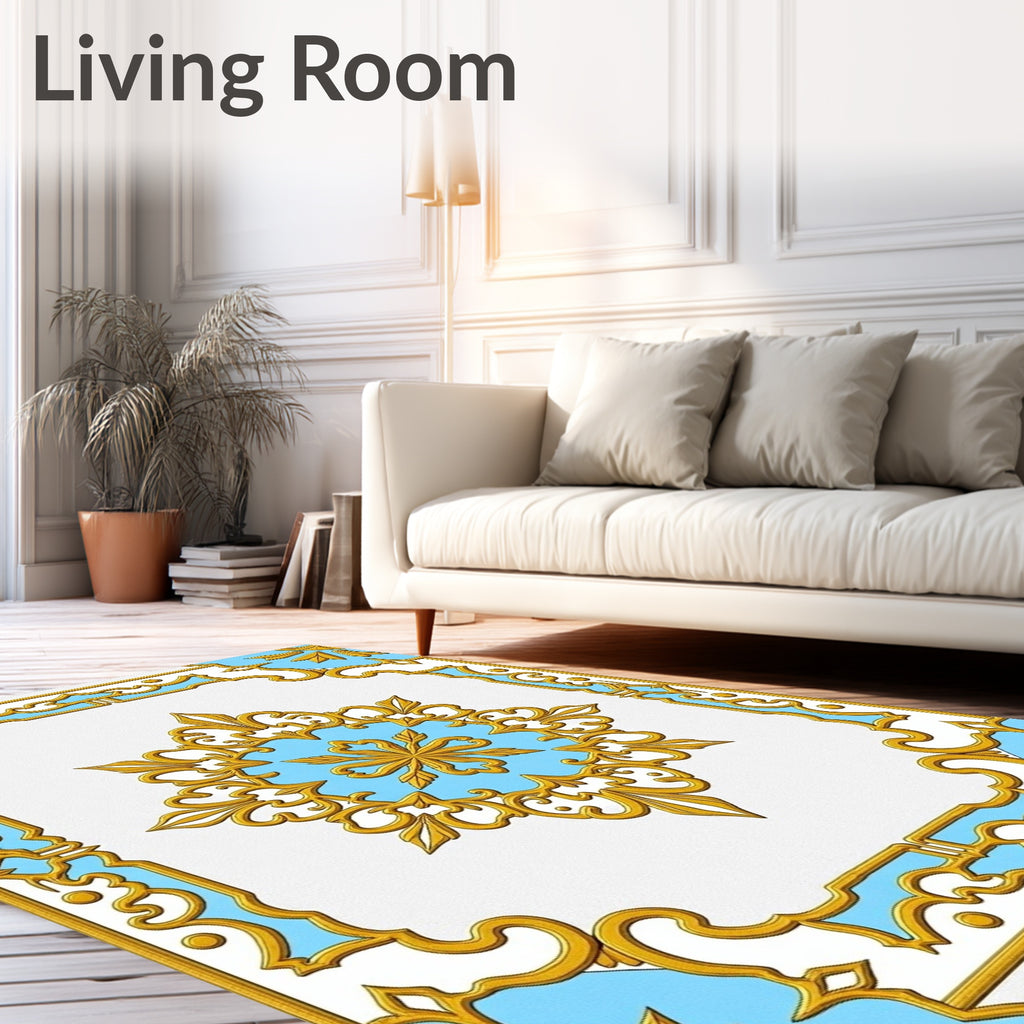 Ornate Gold Blue Medallion Frame Rug