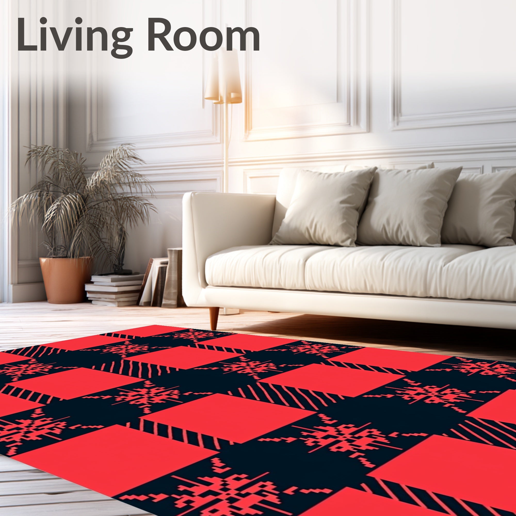 Red Black Snowflake Checkered Rug