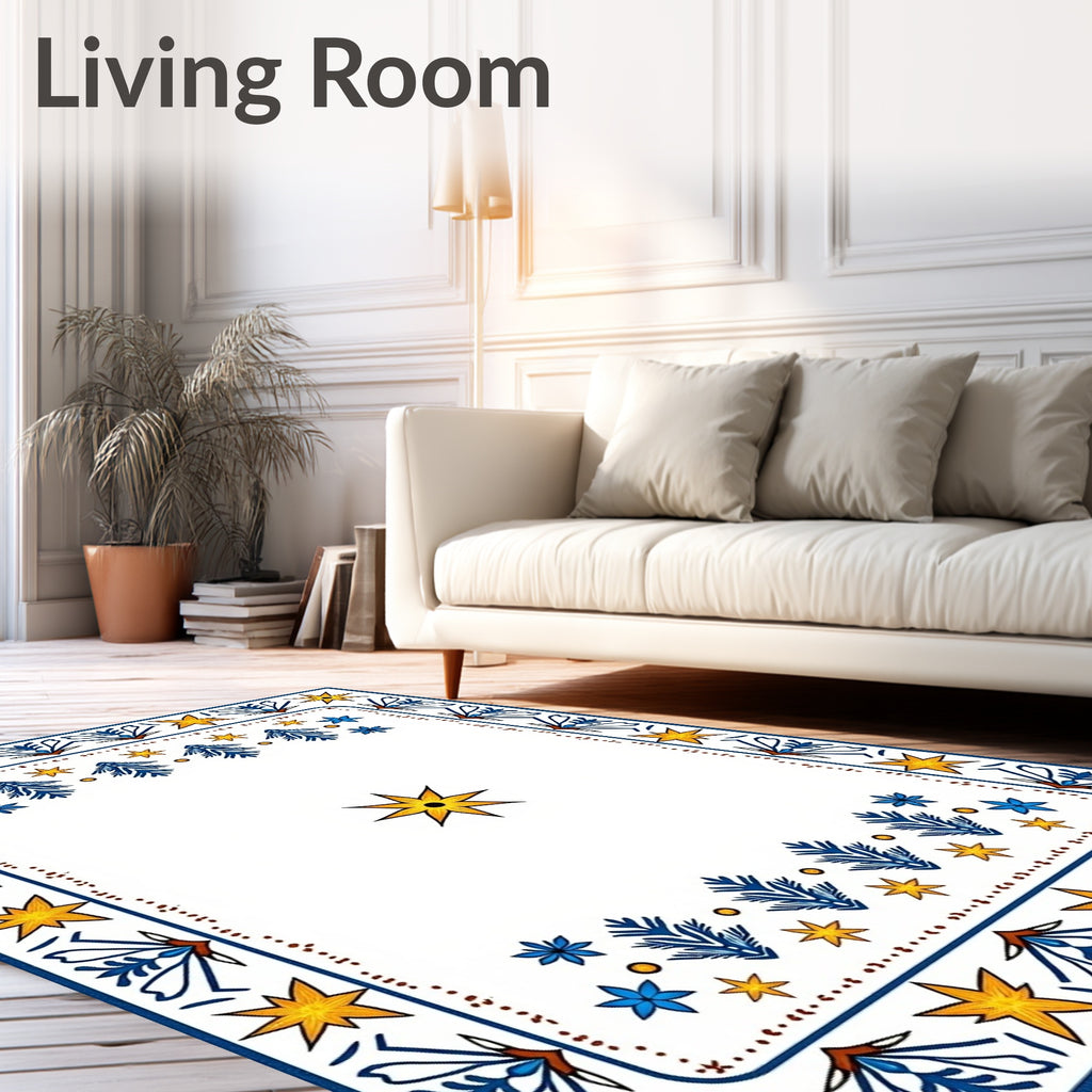 Blue Yellow Star Border Floral Rug