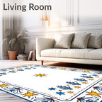 Blue Yellow Star Border Floral Rug